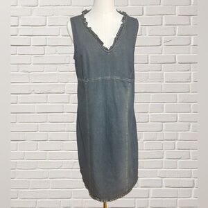 Motherhood Maternity Denim Dress L – Sleeveless Ruffle Trim Chambray Shift